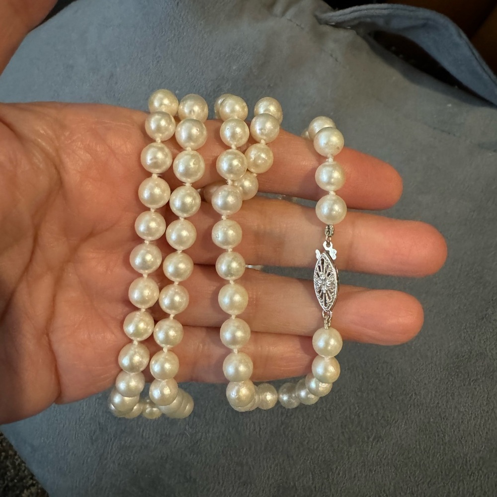 Long akoya 6 mm pearl necklace 14k gold clasp